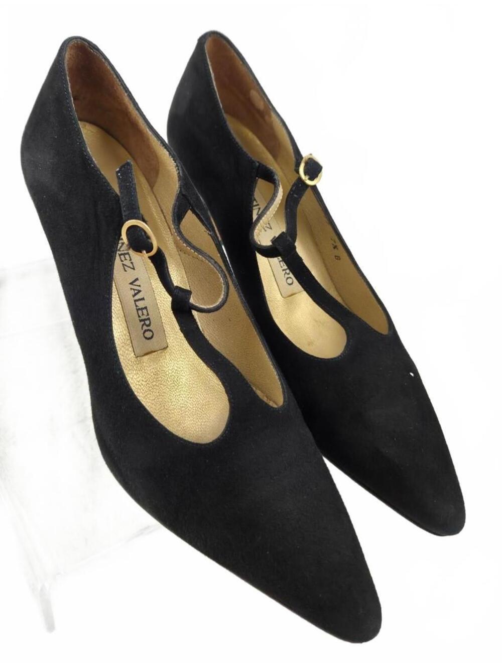 Martinez Valero Black Suede T-Strap Kitten Heel Pumps Size 8